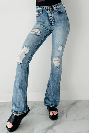 Aysha High Rise Distressed Indigo Reign Flare Jeans (Medium) No Ride-Up Soft Touch Material