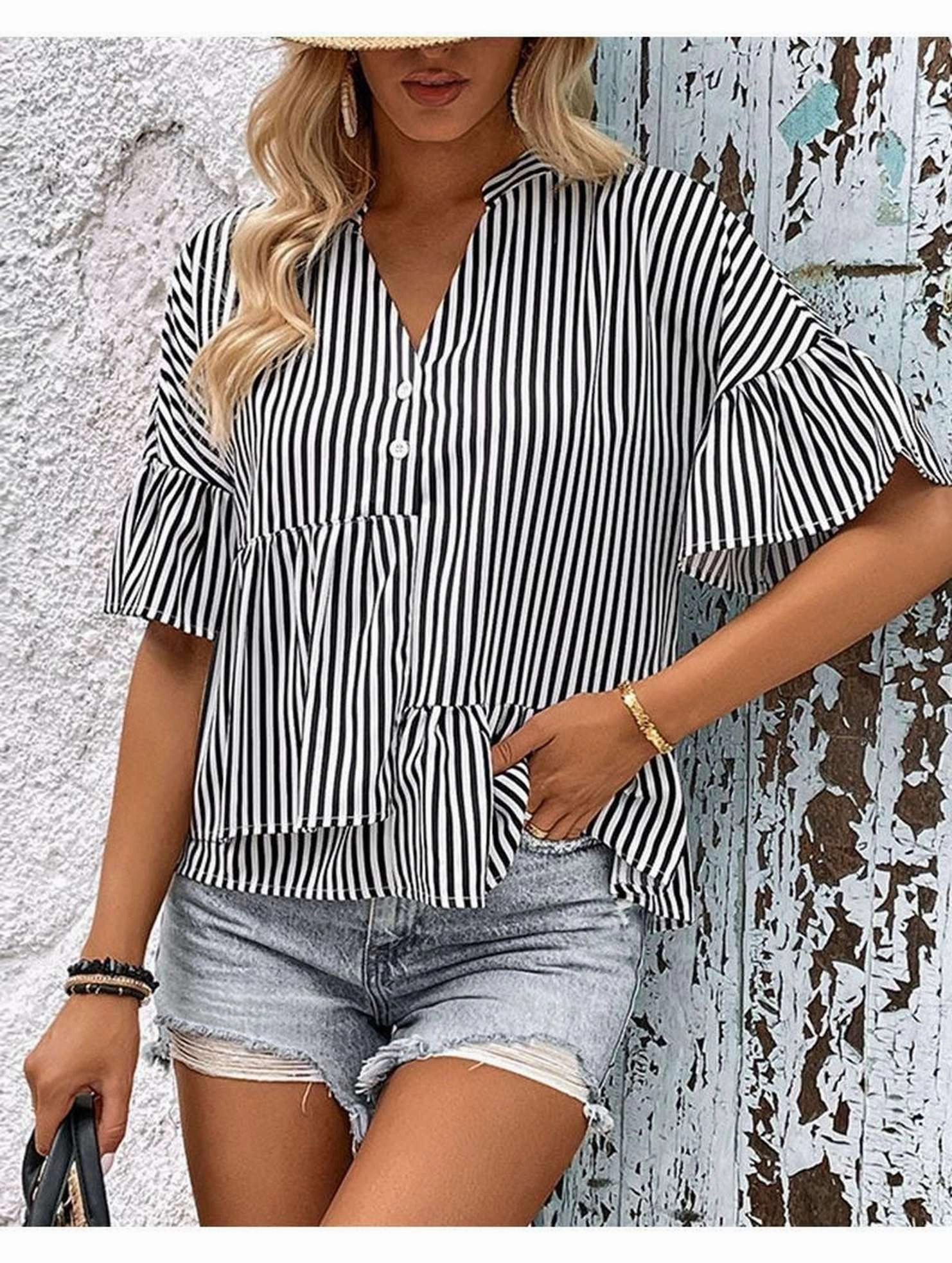 AthleticInspired FlexFit Technology BUTTON NECK RUFFLE SLEEVE STRIPE TUNIC TOP
