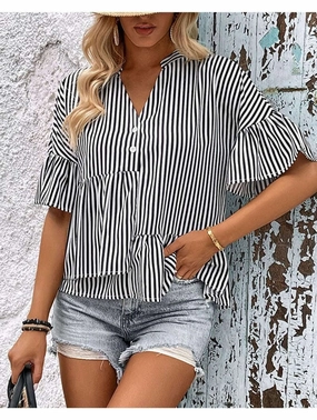Sporty Sweatshirt BUTTON NECK RUFFLE SLEEVE STRIPE TUNIC TOP