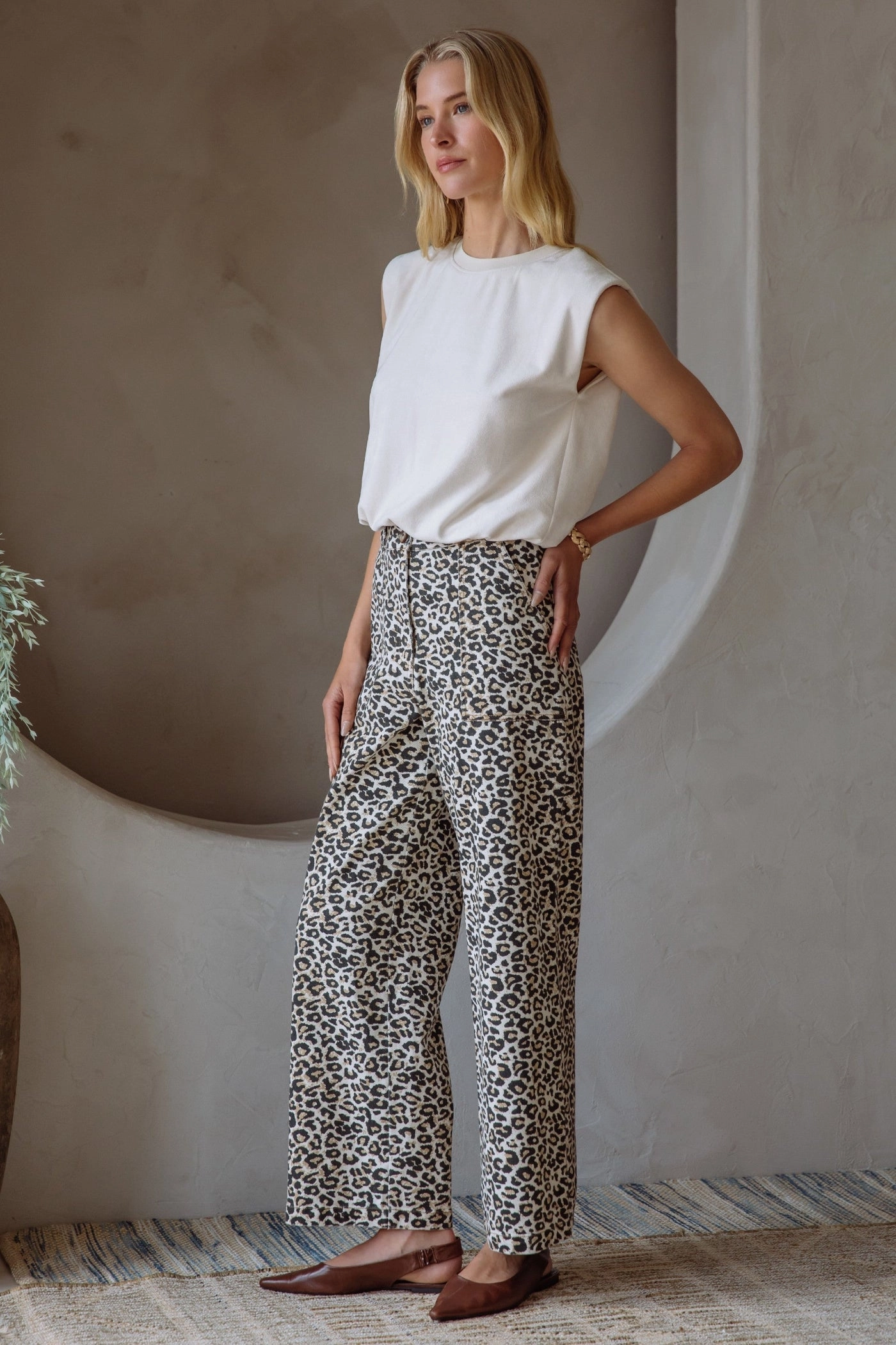 GABRIELLA WASHED LEOPARD PRINT PANTS Relaxed Fit Soft Support