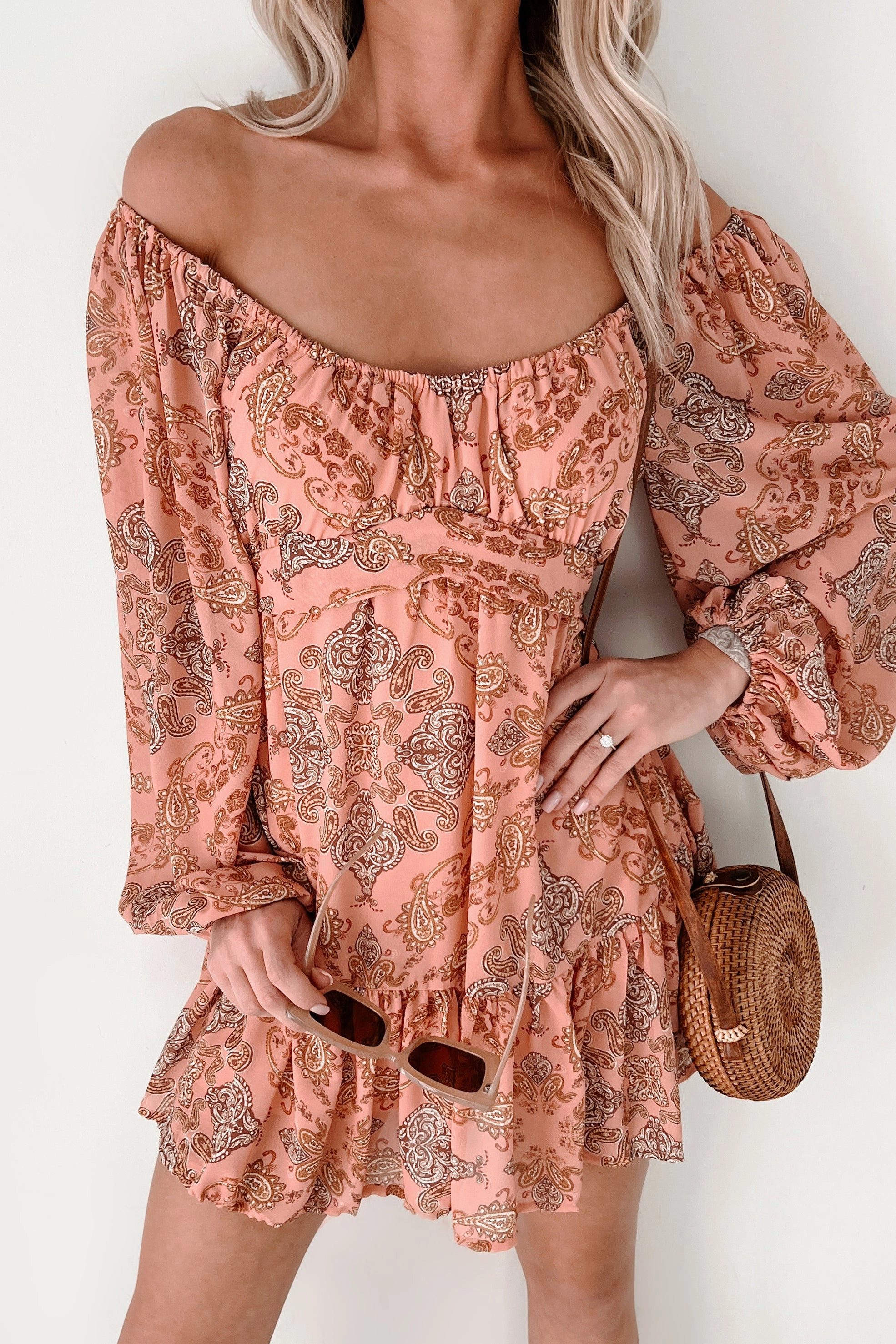 Smooth Layering Caught Between Raindrops Paisley Print Mini Dress (Mauve)