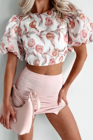 Garden Visions Floral Puff Sleeve Crop Top (Coral) Classic Cut