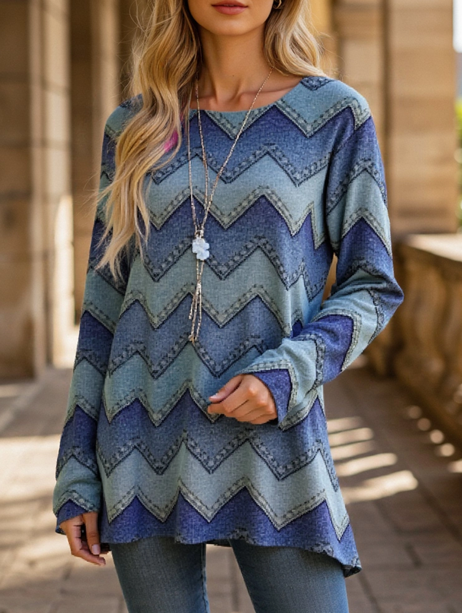Modern Silhouette ReflectiveTrimDetails Round Neck 3D Printed Long Sleeve T-Shirt