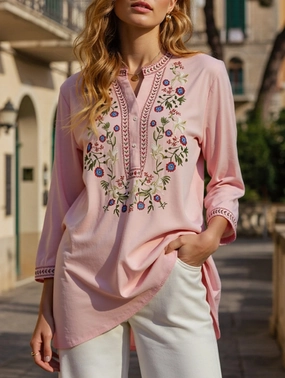 Two Tone Weave NoRoll Hem Technology COTTON PLUS SIZE LOOSE EMBROIDERED TOP_CWTBLL0823