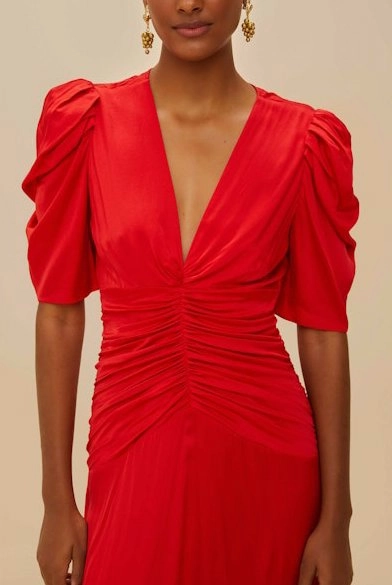 Gathered Midi Dress Red Warm Soft Modest Cut