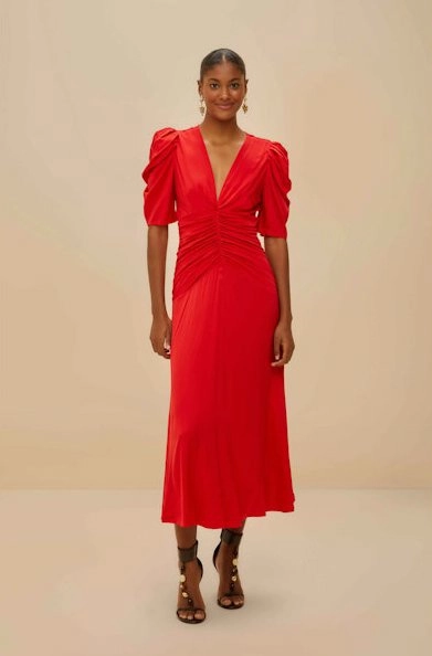 Gathered Midi Dress Red Lace Ease Work-Ready Look