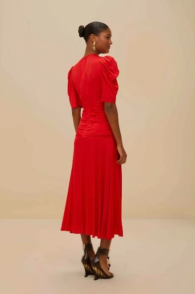 Gathered Midi Dress Red Visual Balance Shirred-Detail