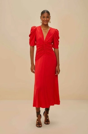 Flattering Silhouette Wear Gathered Midi Dress Red