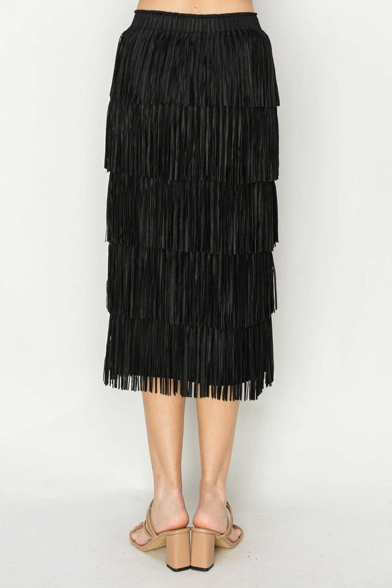 Jayleen Fringe Skirt in Black Subtle Detail Back Slit