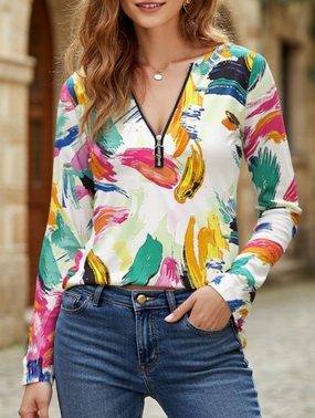 Geometric V-neck zip-up regular top SoftKnit Eco friendly materials