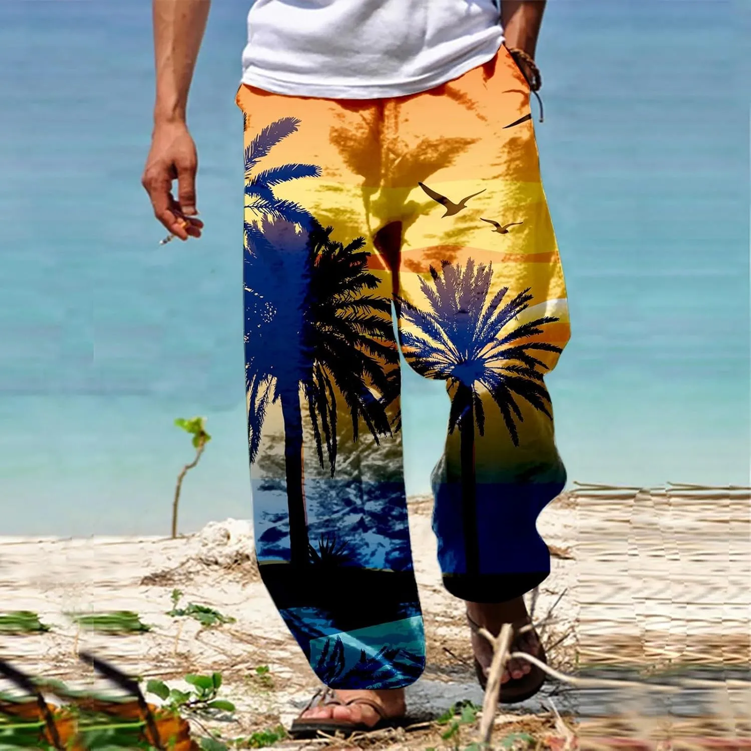 GIERIDUC Mens Casual Linen Pants Loose Fit Elastic Drawstring Waist Straight Leg Hippie Trousers Summer Yoga Beach Long Pants