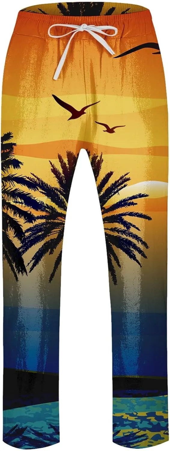 GIERIDUC Mens Casual Linen Pants Loose Fit Elastic Drawstring Waist Straight Leg Hippie Trousers Summer Yoga Beach Long Pants