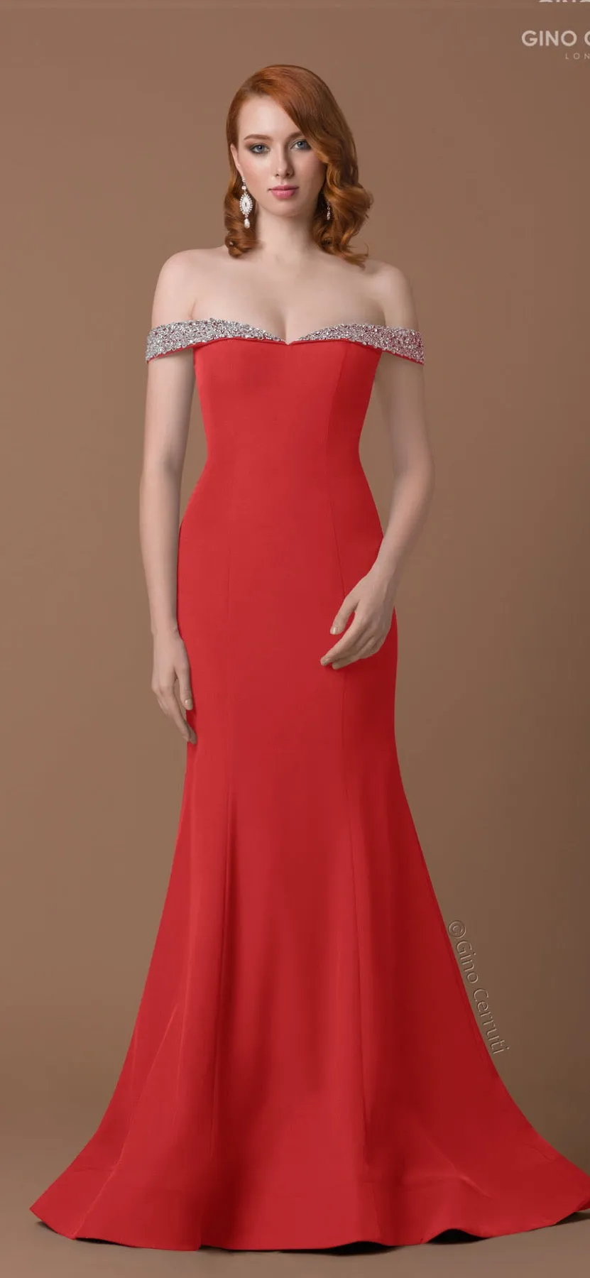 Gino Cerruti 2020B Beaded off the shoulder Dress Red