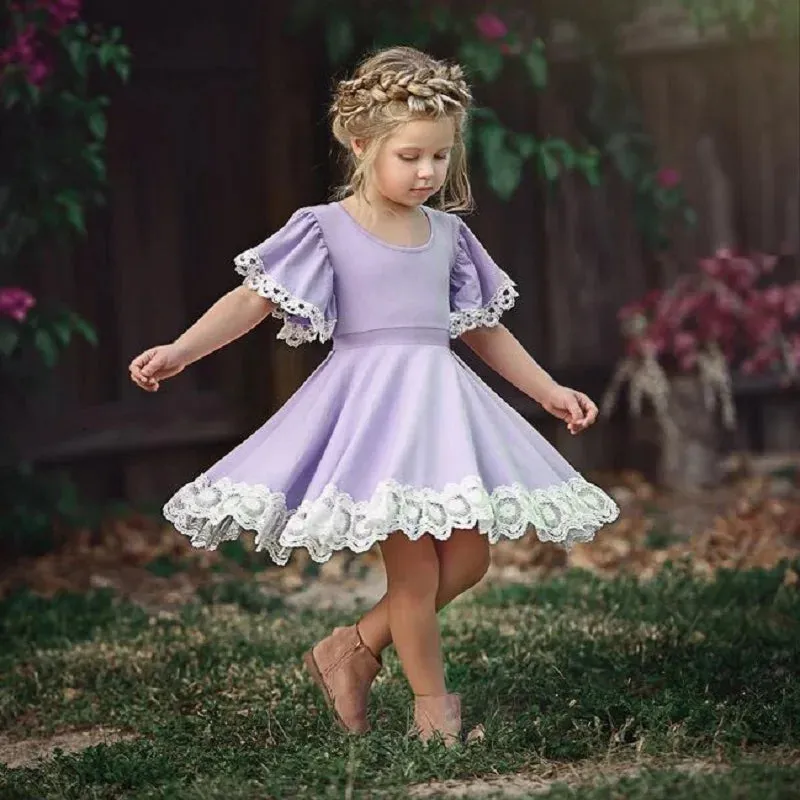 Girls Lace Dress Summer Short Sleeve Flower Princess Dress