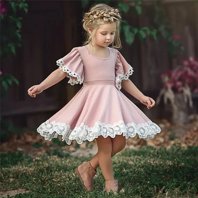 Girls Lace Dress Summer Short Sleeve Flower Princess Dress