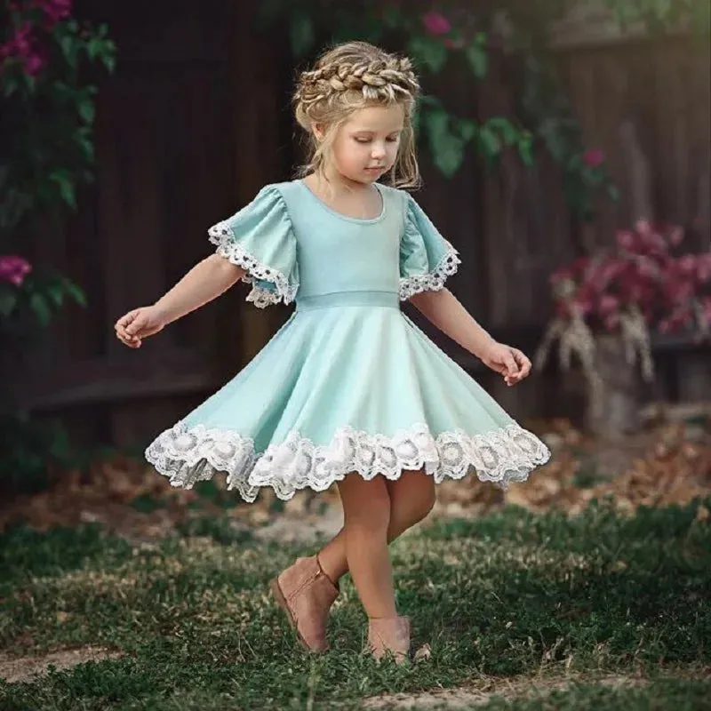 Girls Lace Dress Summer Short Sleeve Flower Princess Dress