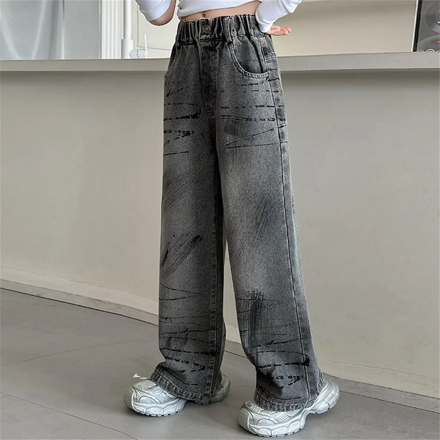 Girls Retro Streetwear Wash Jeans Elastic Waist Elastic Waist Relaxed Fit Denim Pants Street Hip Hop Pants