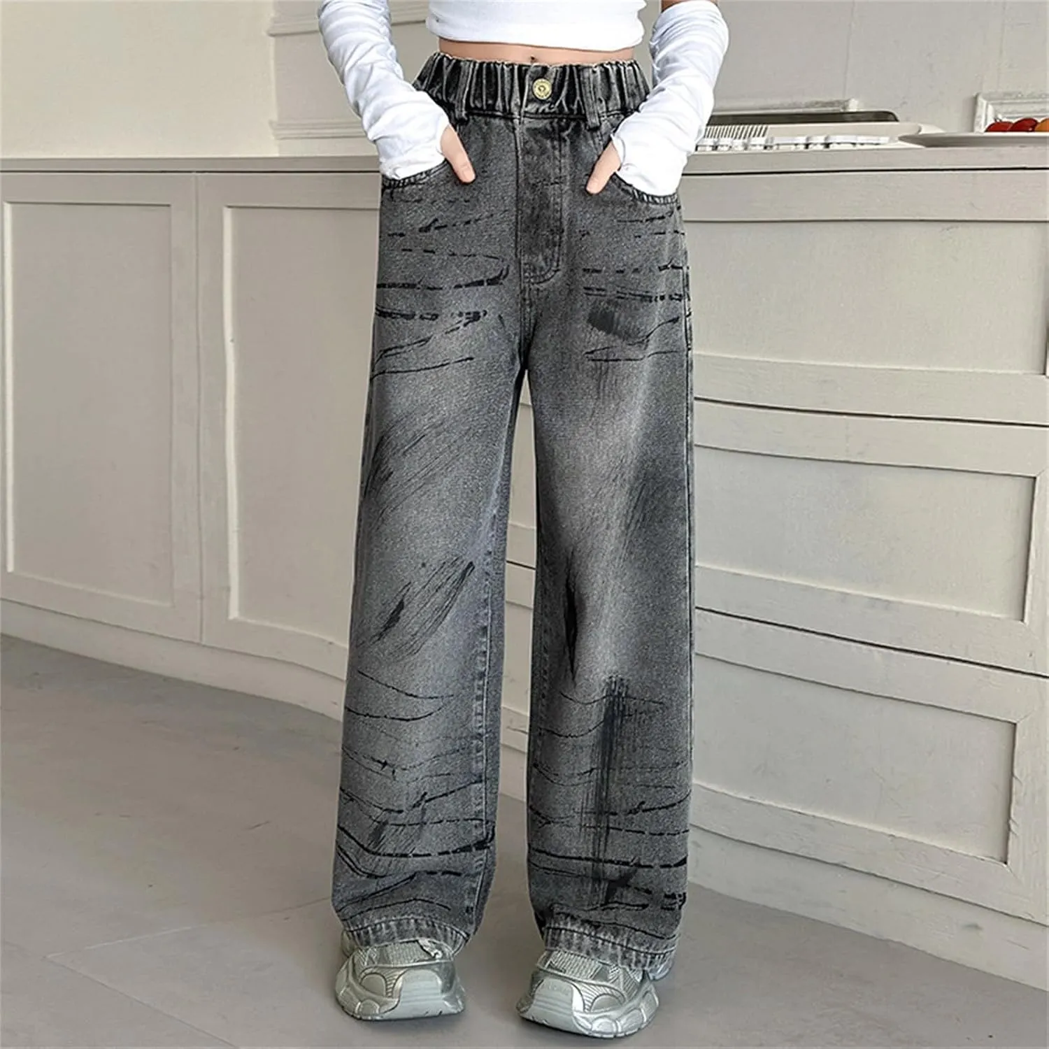 Girls Retro Streetwear Wash Jeans Elastic Waist Elastic Waist Relaxed Fit Denim Pants Street Hip Hop Pants