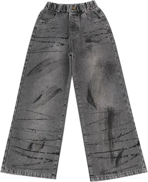 Girls Retro Streetwear Wash Jeans Elastic Waist Elastic Waist Relaxed Fit Denim Pants Street Hip Hop Pants