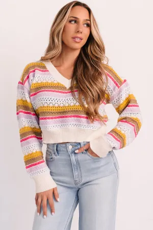 slim fit Snag Free Fabric Girly Things Striped V Neck Sweater (Ivory/Multi)