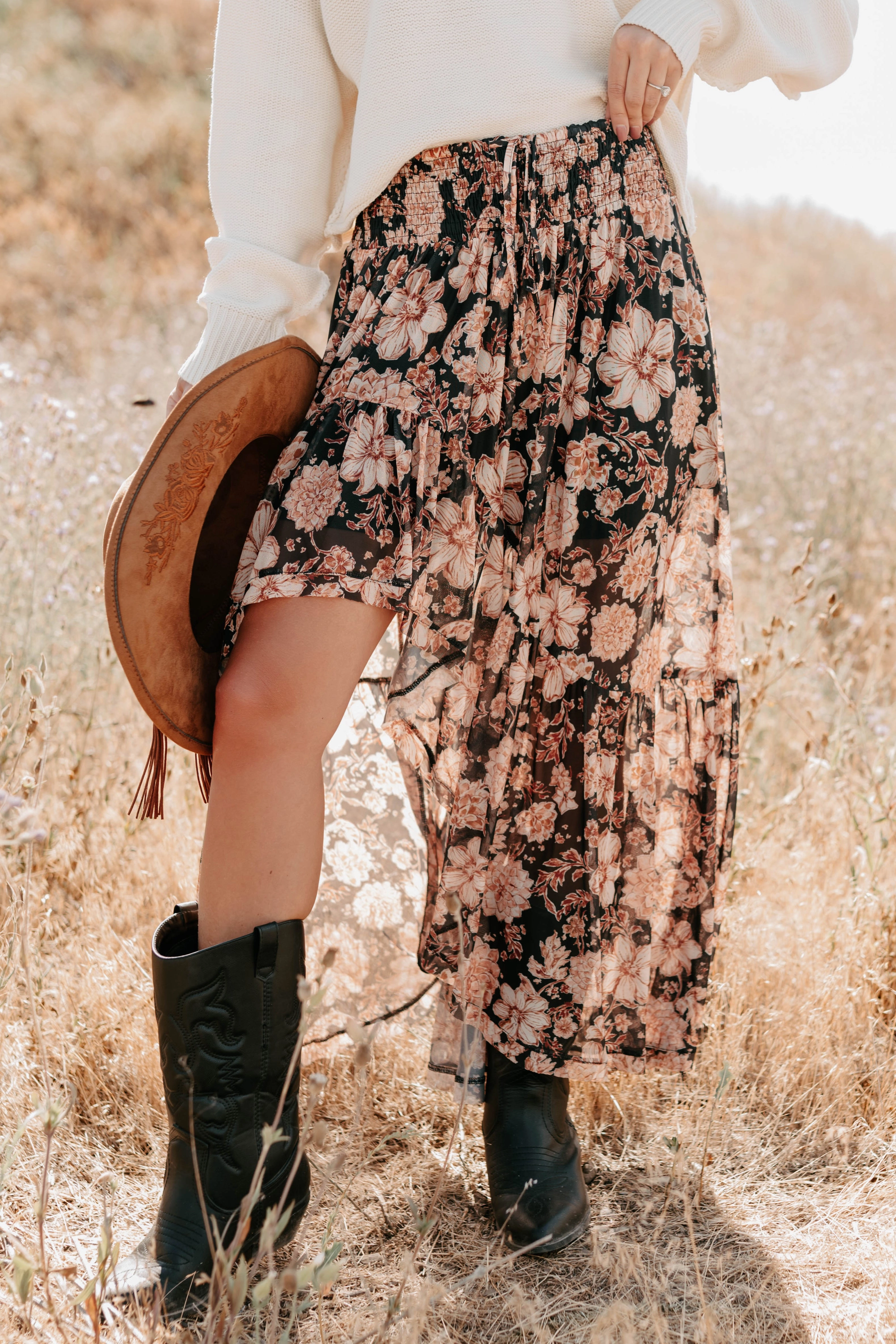 Gloss Over It Floral High-Low Maxi Skirt (Black) Tough Materials