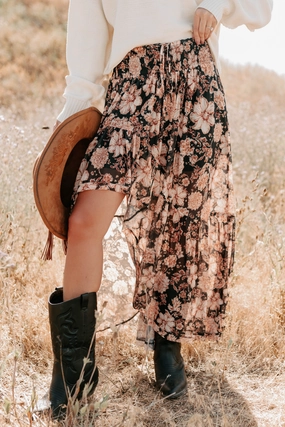 Gloss Over It Floral High-Low Maxi Skirt (Black) Relaxed Style Vibe Ready
