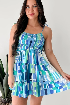 Open Back Wild Wishes Sleeveless Abstract Mini Dress (Blue/Multi)