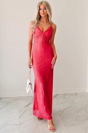 Glow Loudly Corset Sleeveless Lace Maxi Dress (Hot Pink) Chilly Weather Comfort