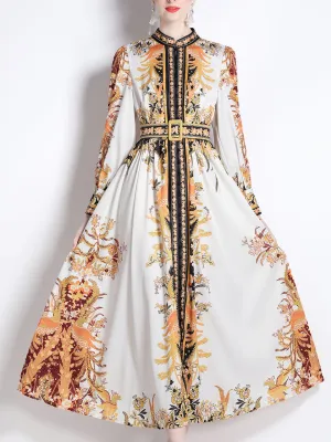 Gold Floral Print Stand Collar Long Sleeve Maxi Holiday Dress