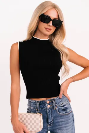 Gonna Go Far Contrast Trim Sleeveless Top (Black/Cream) High Collar Option
