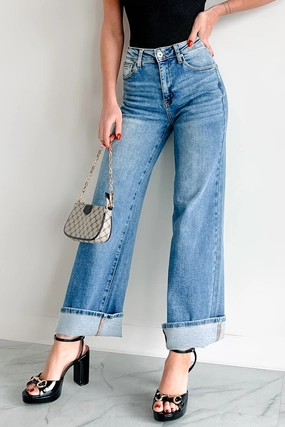 Gordie Mid Rise Special A Cuffed Wide Leg Jeans (Dark) Basic Style Training Comfort