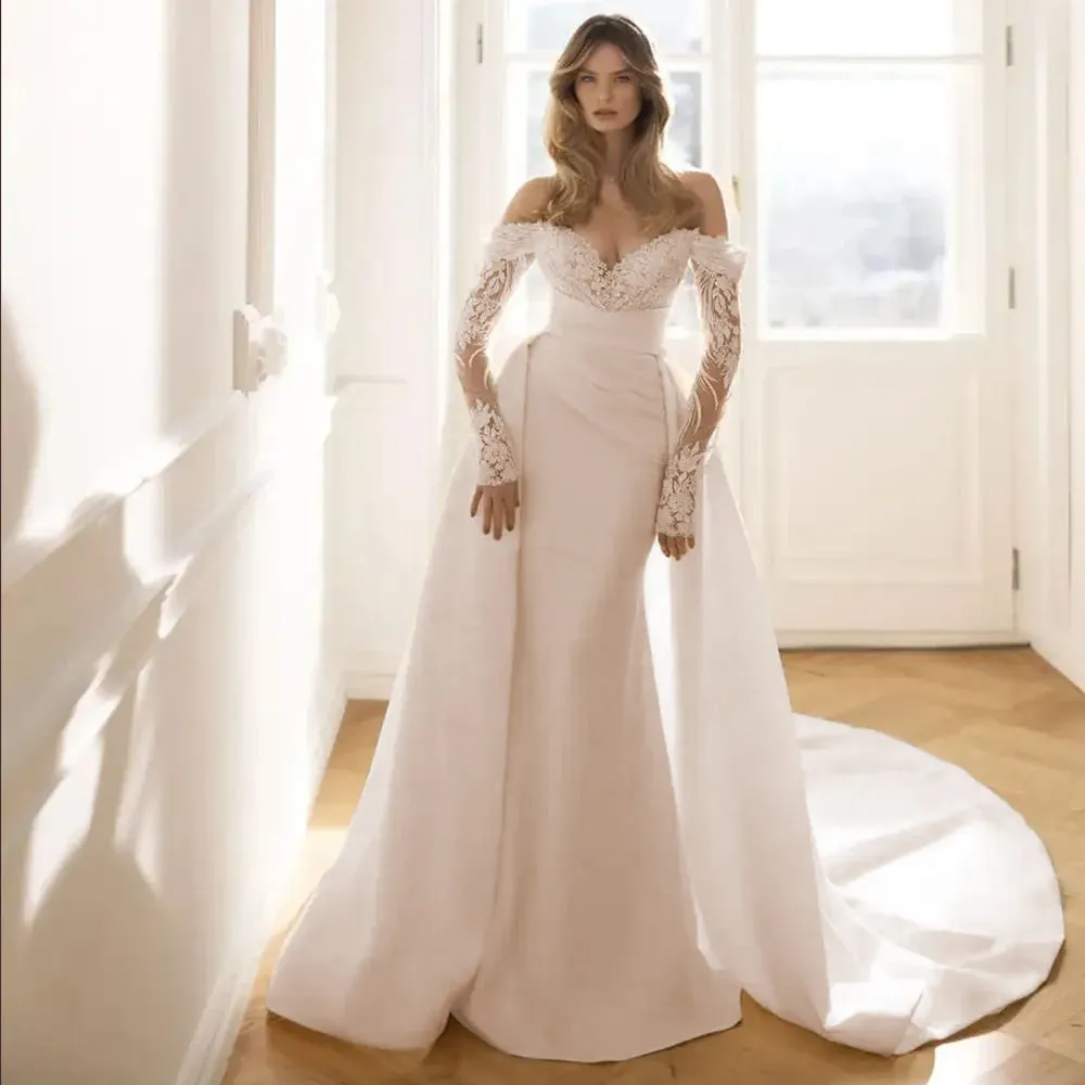 Gorgeous Long Sleeves Mermaid Wedding Dress with Detachable Train Luxury Bridal Gown