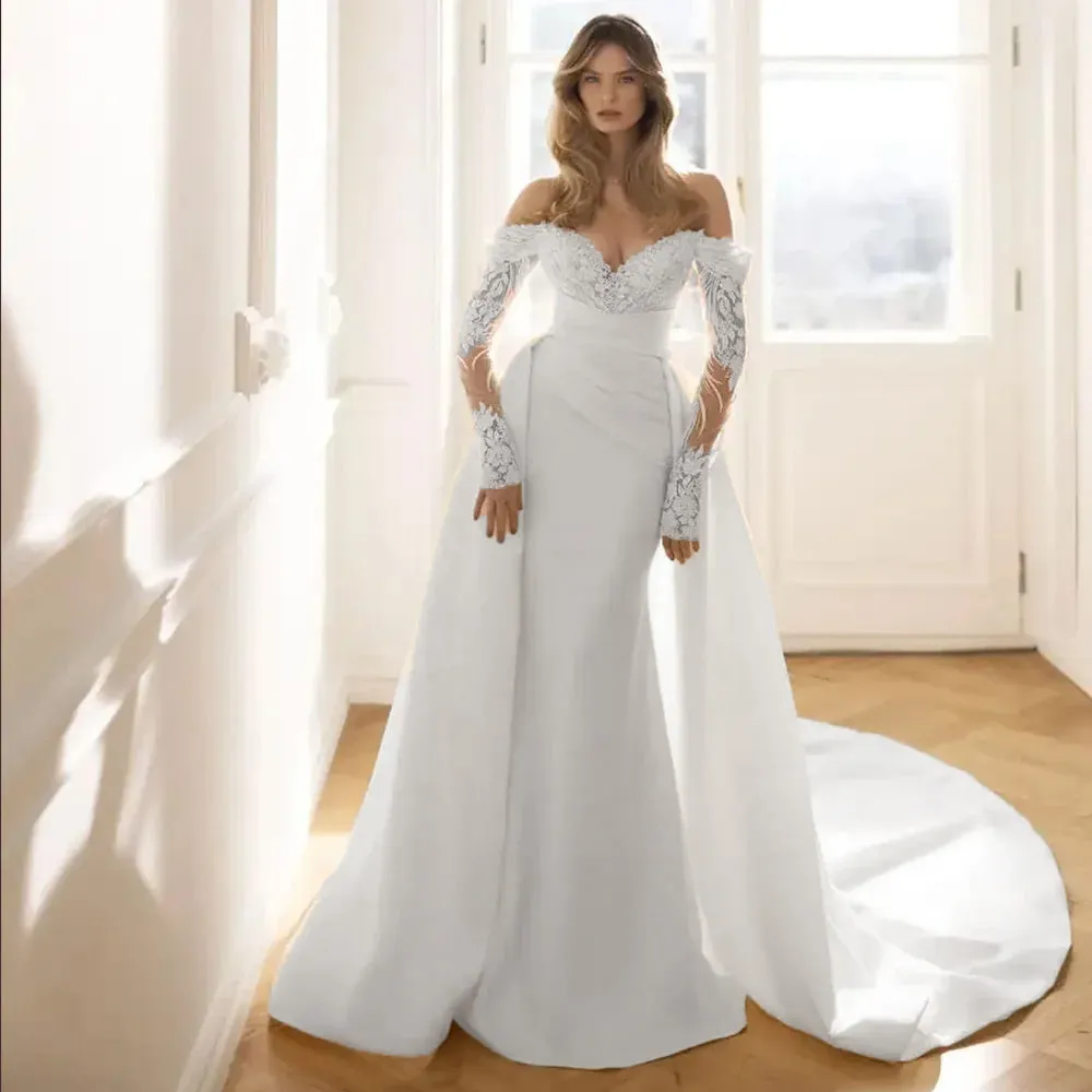 Gorgeous Long Sleeves Mermaid Wedding Dress with Detachable Train Luxury Bridal Gown