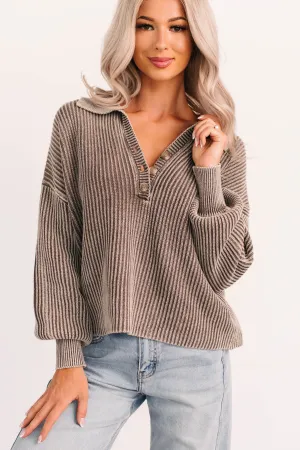 Graceful Living Washed Knit Zenana Henley Sweater (Mocha) Double Faced Jersey Knit
