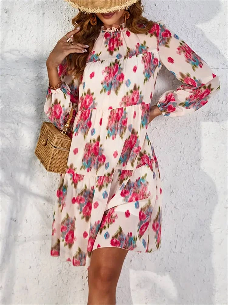 CHIFFON PRINT RUFFLED DRESS_CWDSD3590 Trendy Look Sophisticated Waist Fit