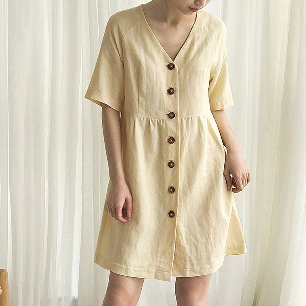COTTON WAIST SLIMMING HEMP FRENCH DRESS_CWDSD4069 Anytime Wear Day-to-evening dress