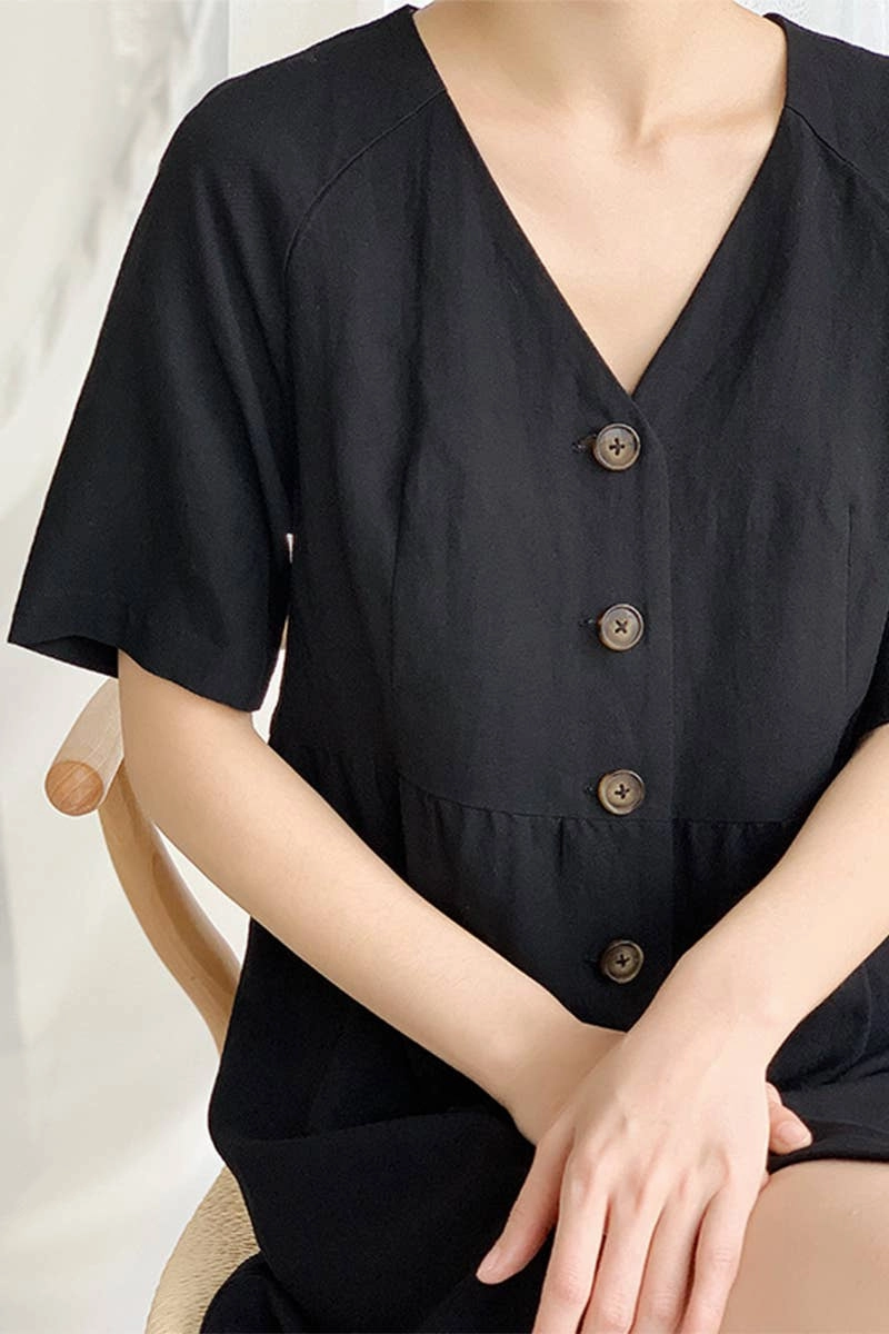 Easy Layering Piece COTTON WAIST SLIMMING HEMP FRENCH DRESS_CWDSD4069