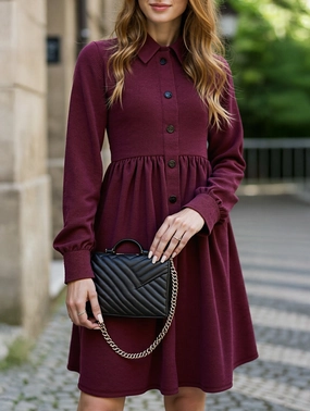 Lapel Single-Breasted Long-Sleeved Dress Satin-Finish Easy Fit