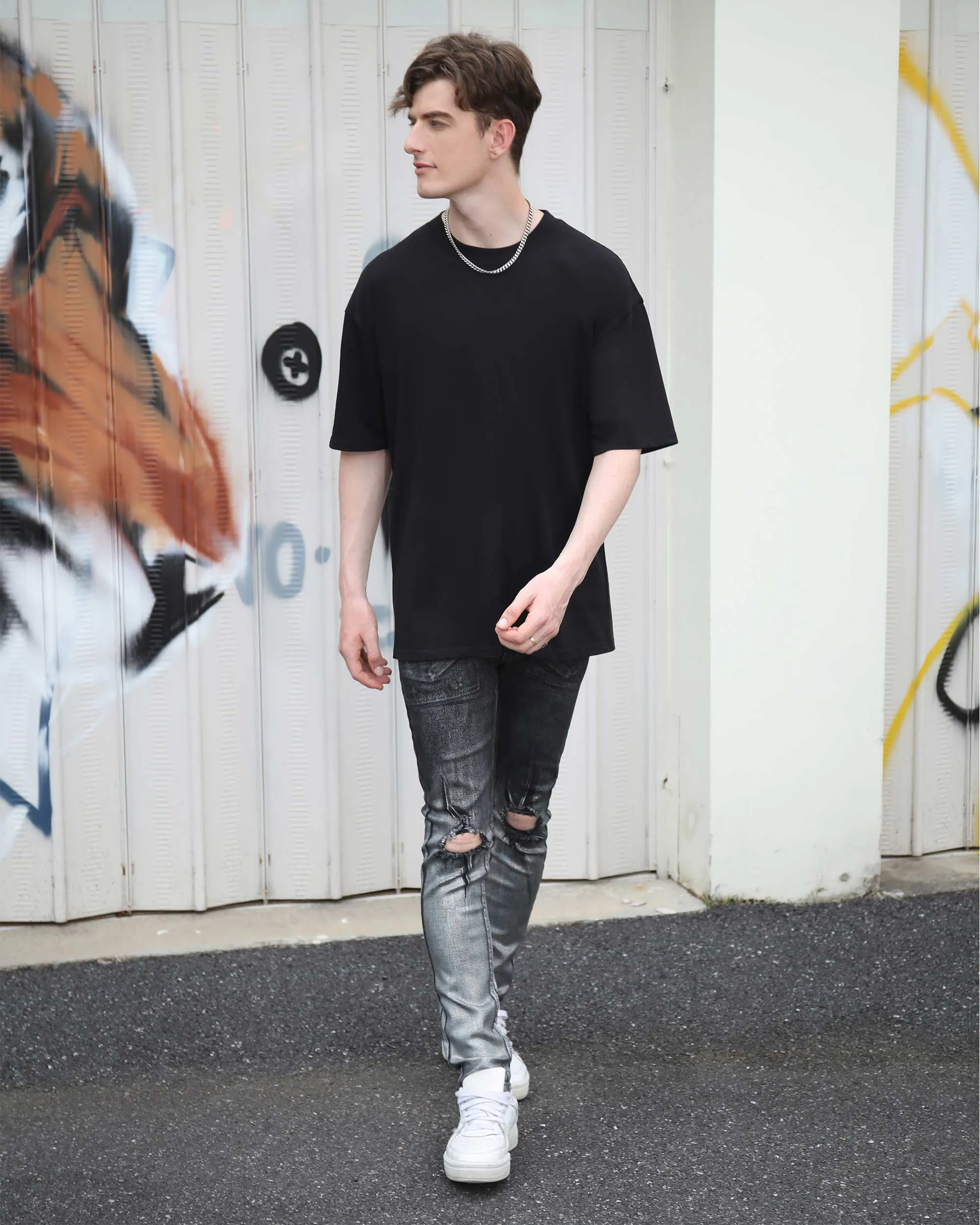 Gradient Shades Black Ripped Jeans with Statement Knee Rips-Mexico Local Delivery