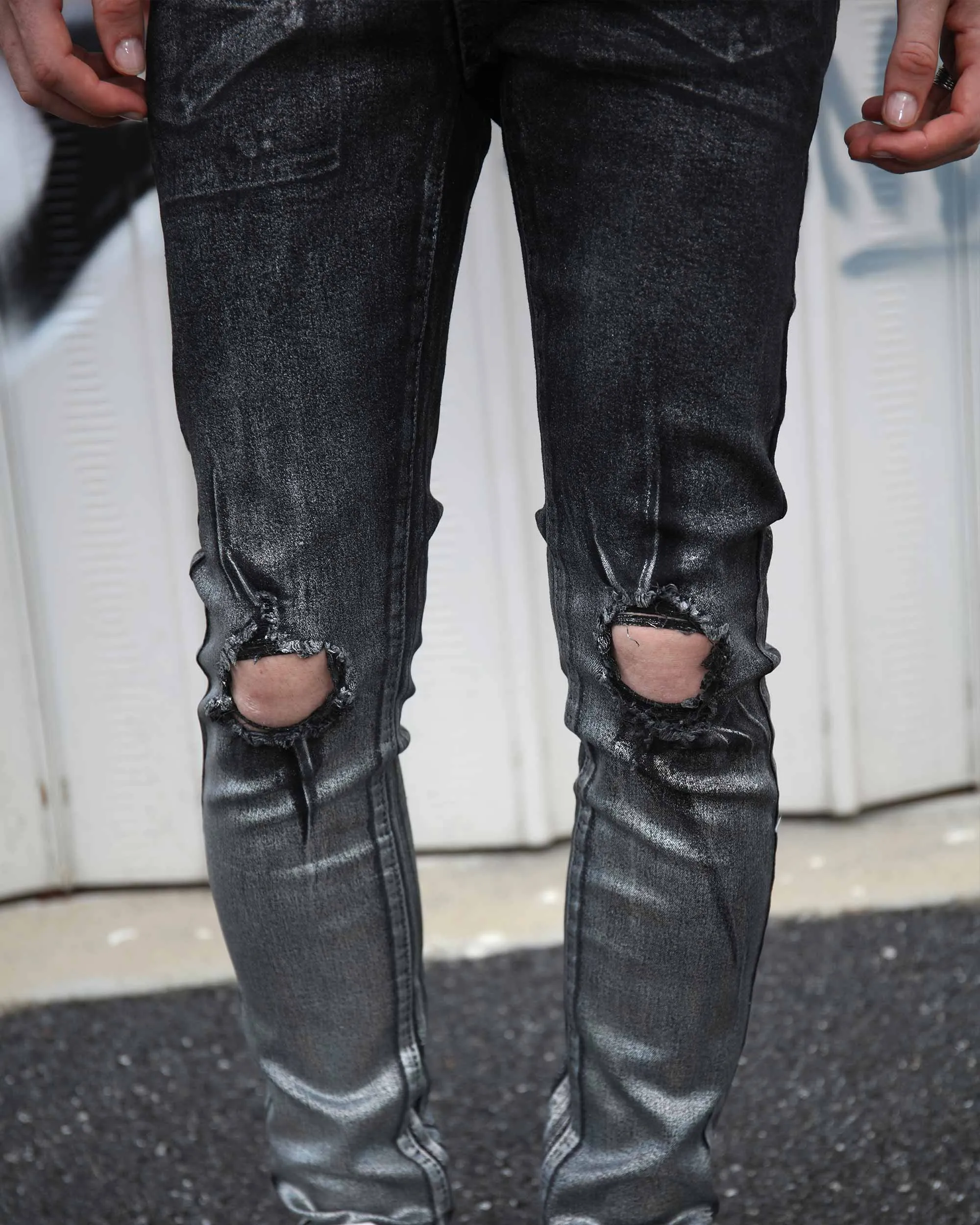 Gradient Shades Black Ripped Jeans with Statement Knee Rips-Mexico Local Delivery