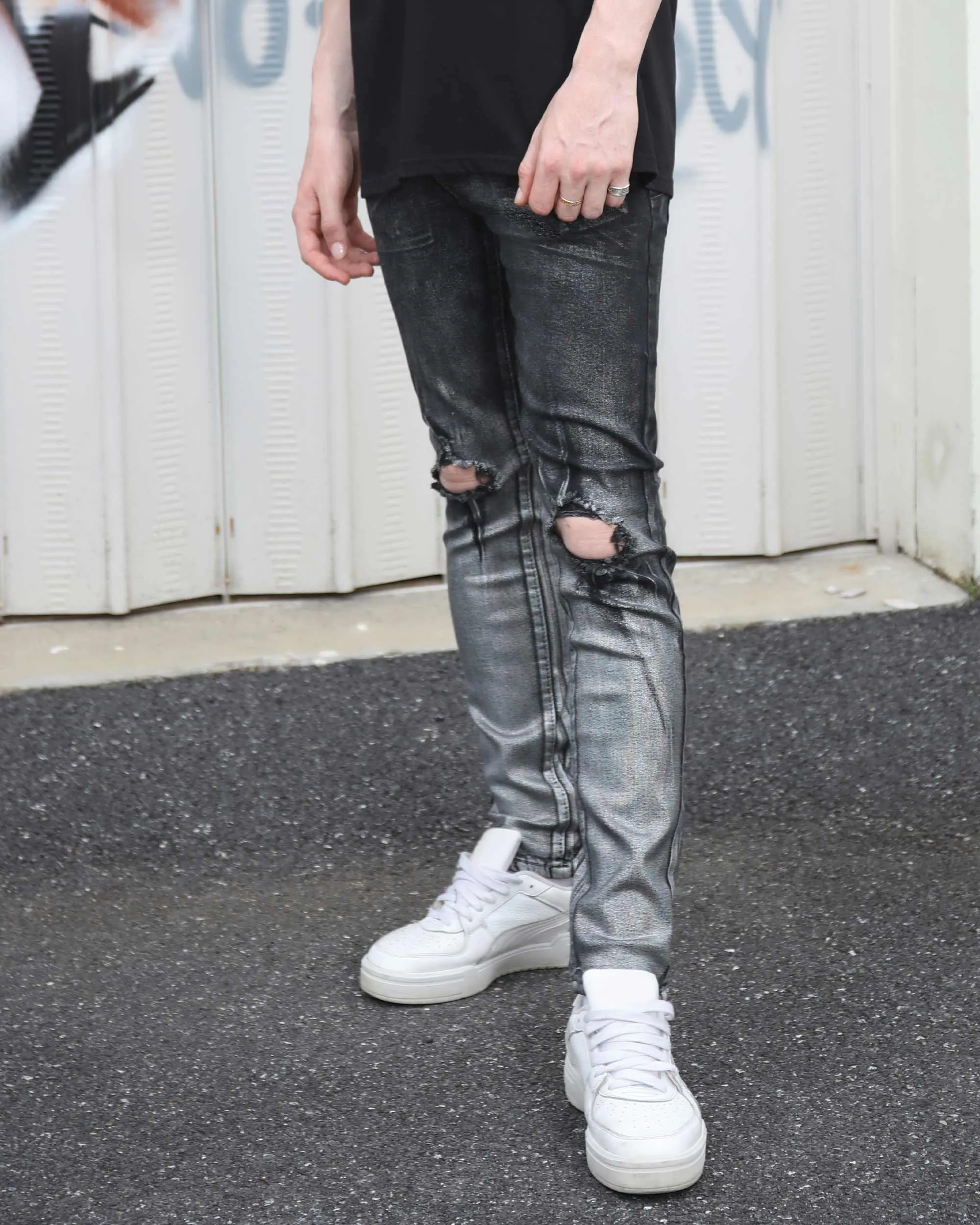 Gradient Shades Black Ripped Jeans with Statement Knee Rips-Mexico Local Delivery
