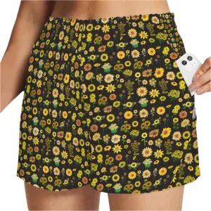 Graphic Sunflowers Black Art Zip Pocket Shorts up to 5 XL (FWS)