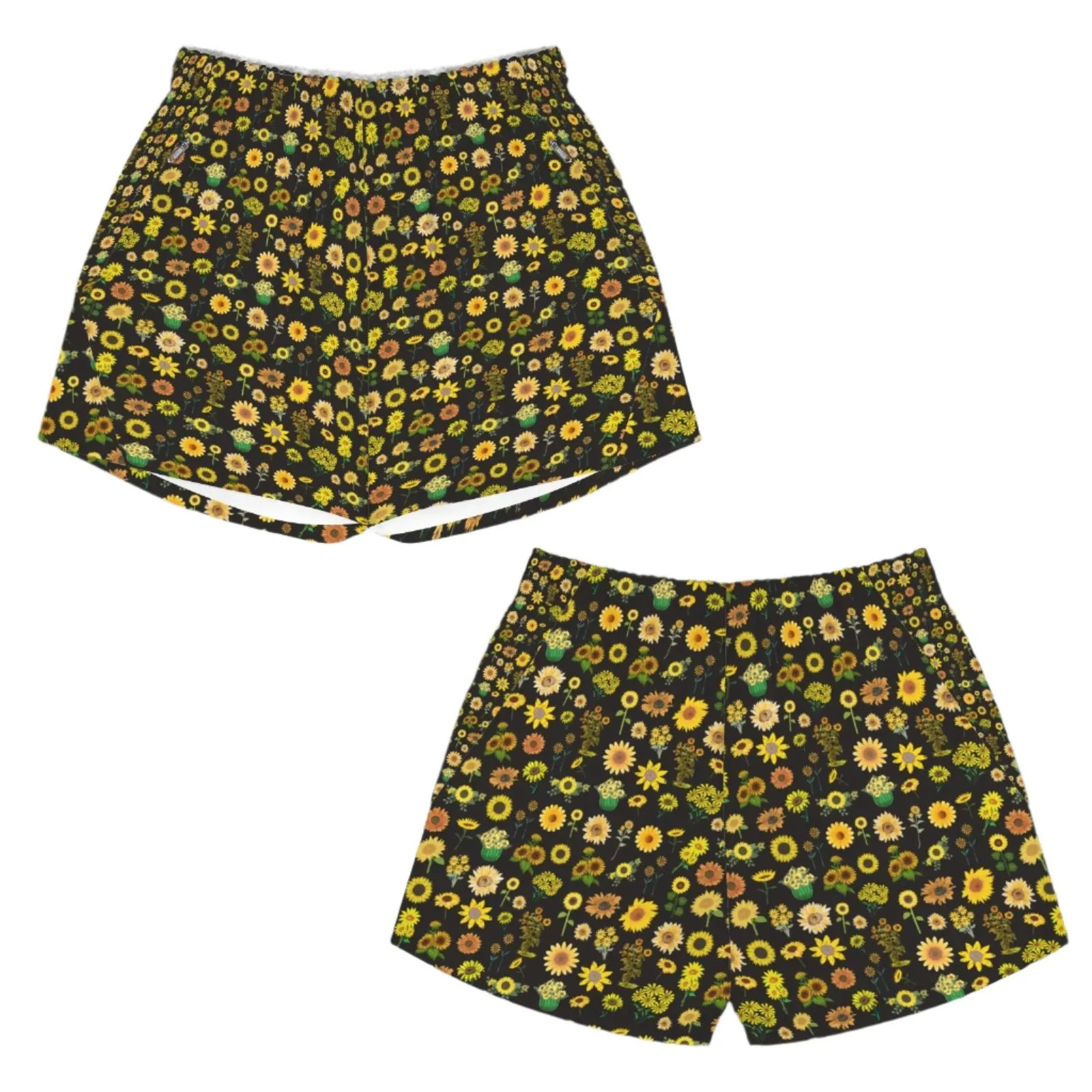 Graphic Sunflowers Black Art Zip Pocket Shorts up to 5 XL (FWS)