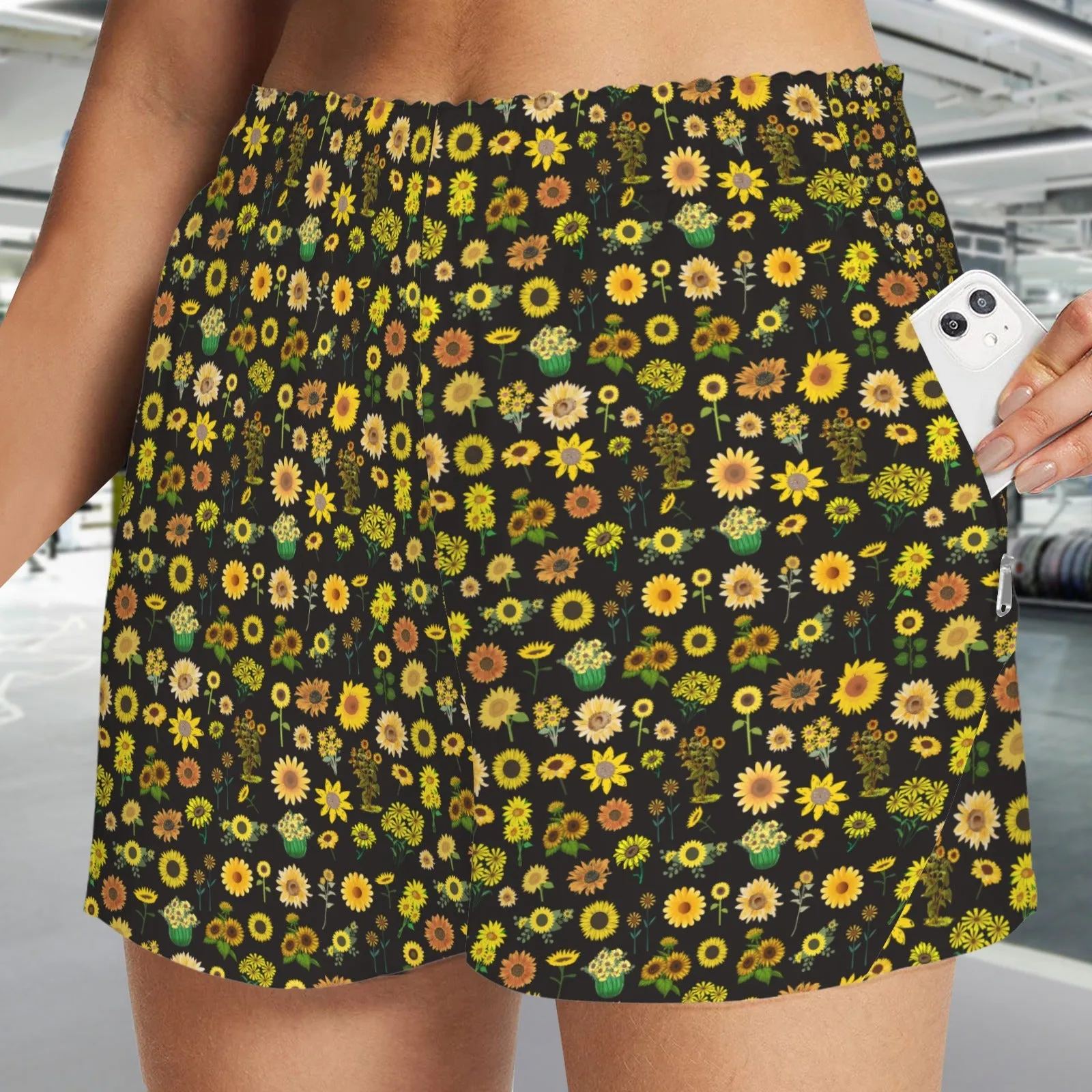 Graphic Sunflowers Black Art Zip Pocket Shorts up to 5 XL (FWS)