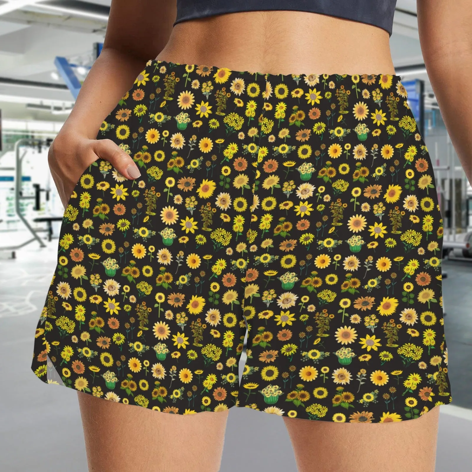 Graphic Sunflowers Black Art Zip Pocket Shorts up to 5 XL (FWS)