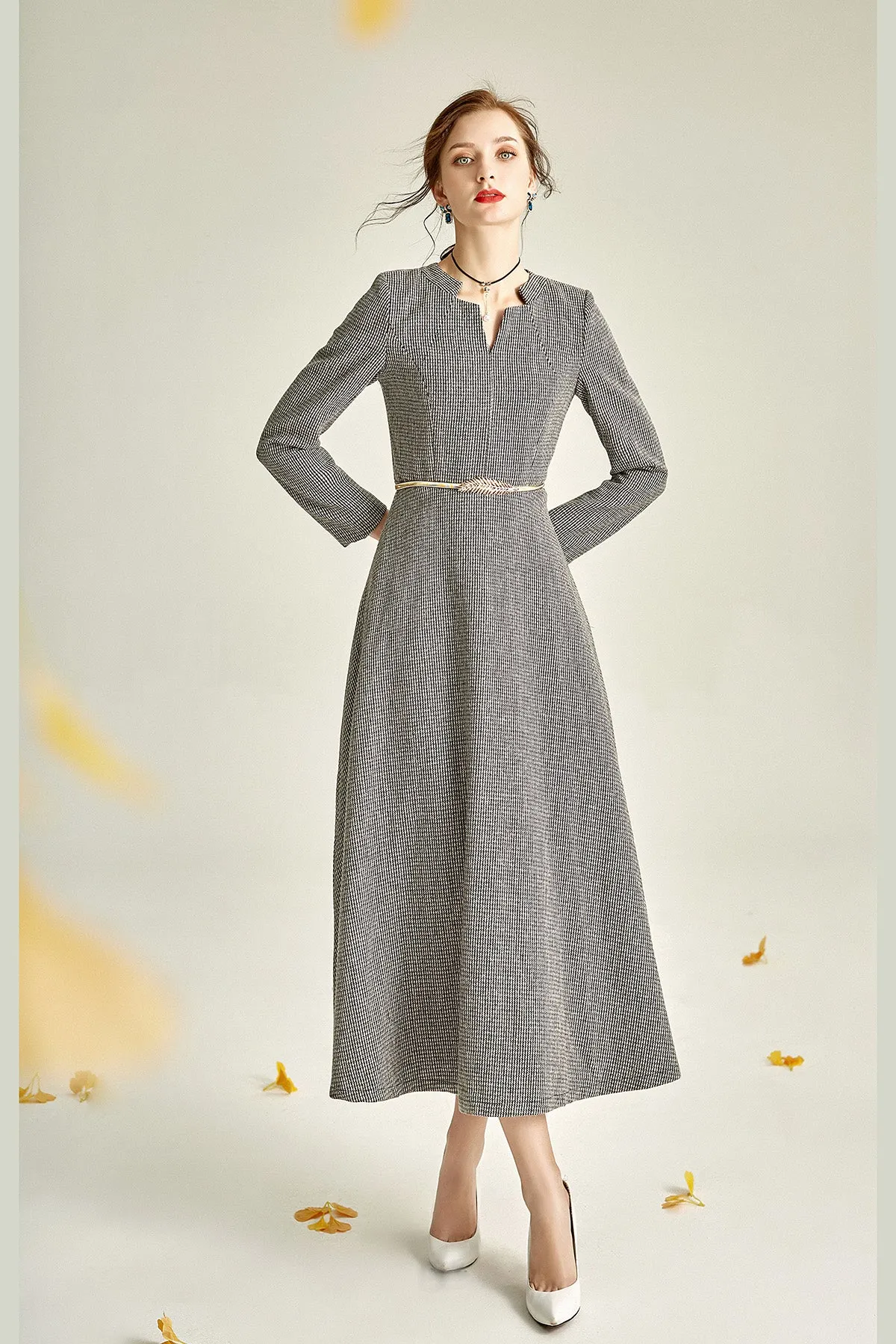 Gray autumn winter long-sleeved V-neck woolen dress- Sei