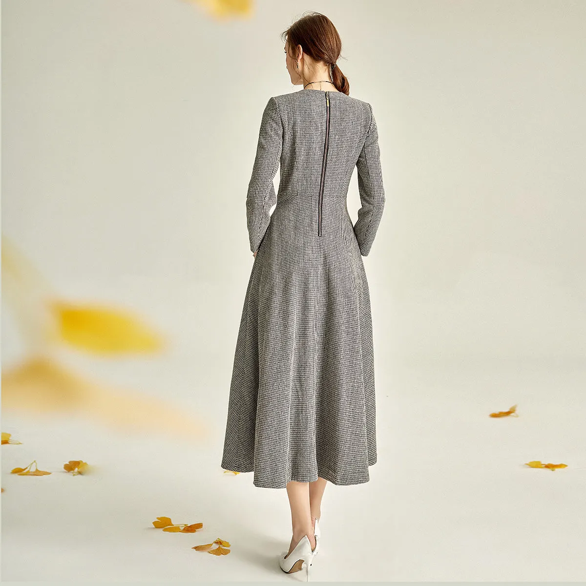 Gray autumn winter long-sleeved V-neck woolen dress- Sei