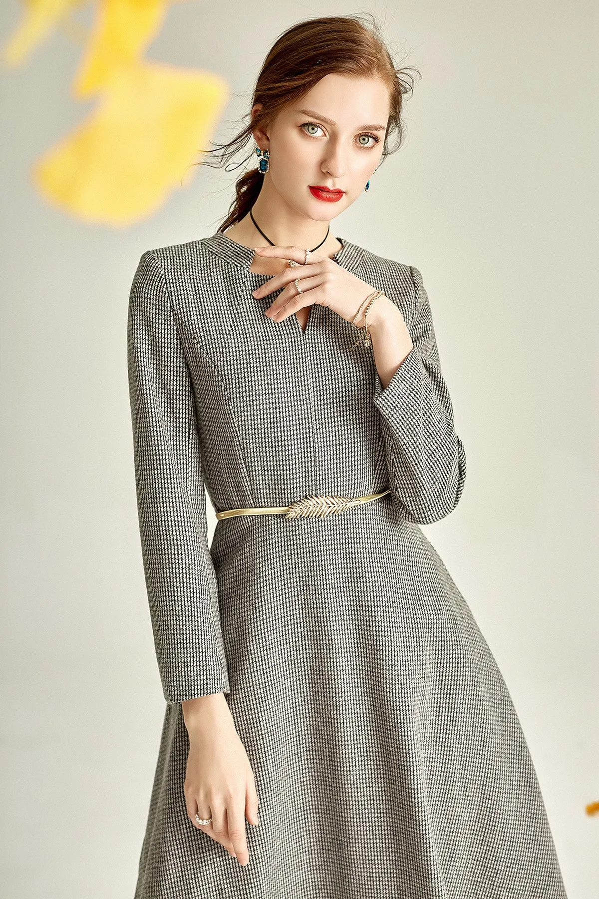 Gray autumn winter long-sleeved V-neck woolen dress- Sei