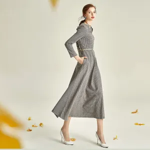 Gray autumn winter long-sleeved V-neck woolen dress- Sei