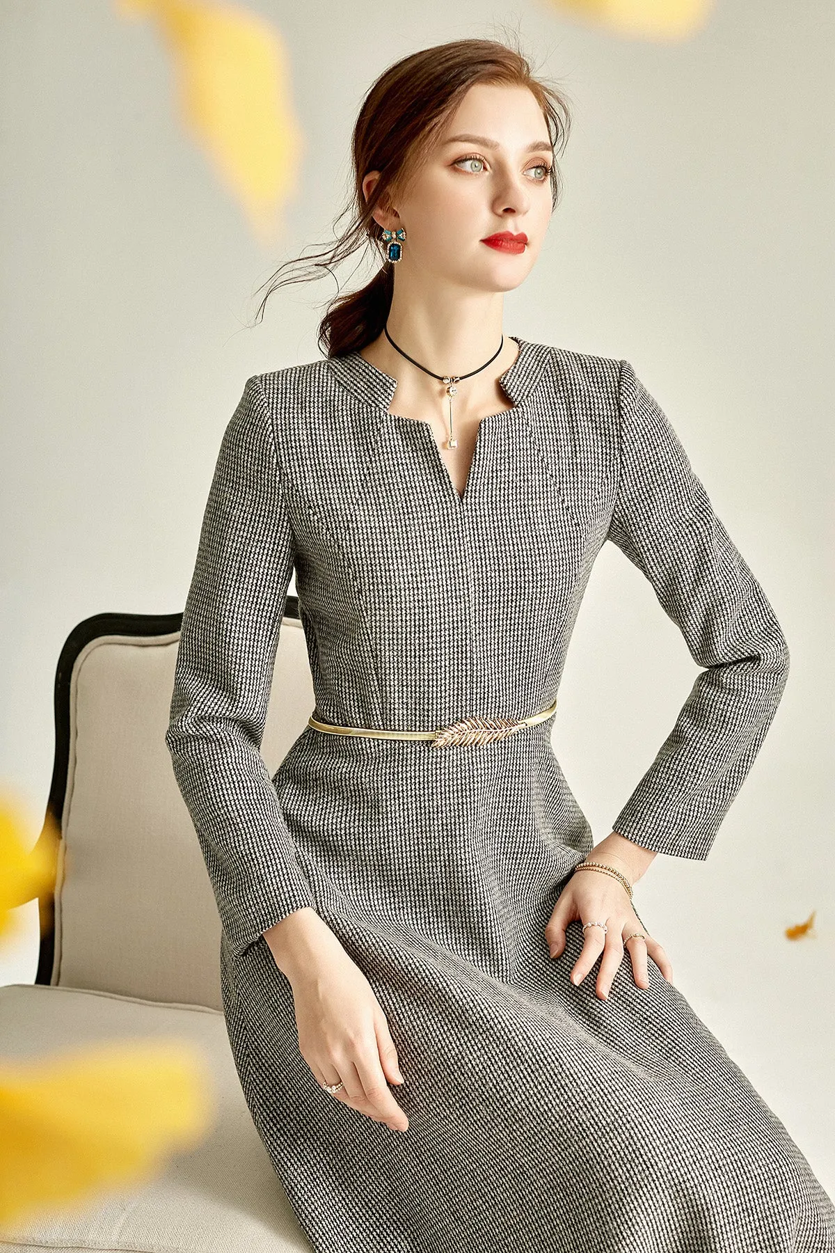 Gray autumn winter long-sleeved V-neck woolen dress- Sei